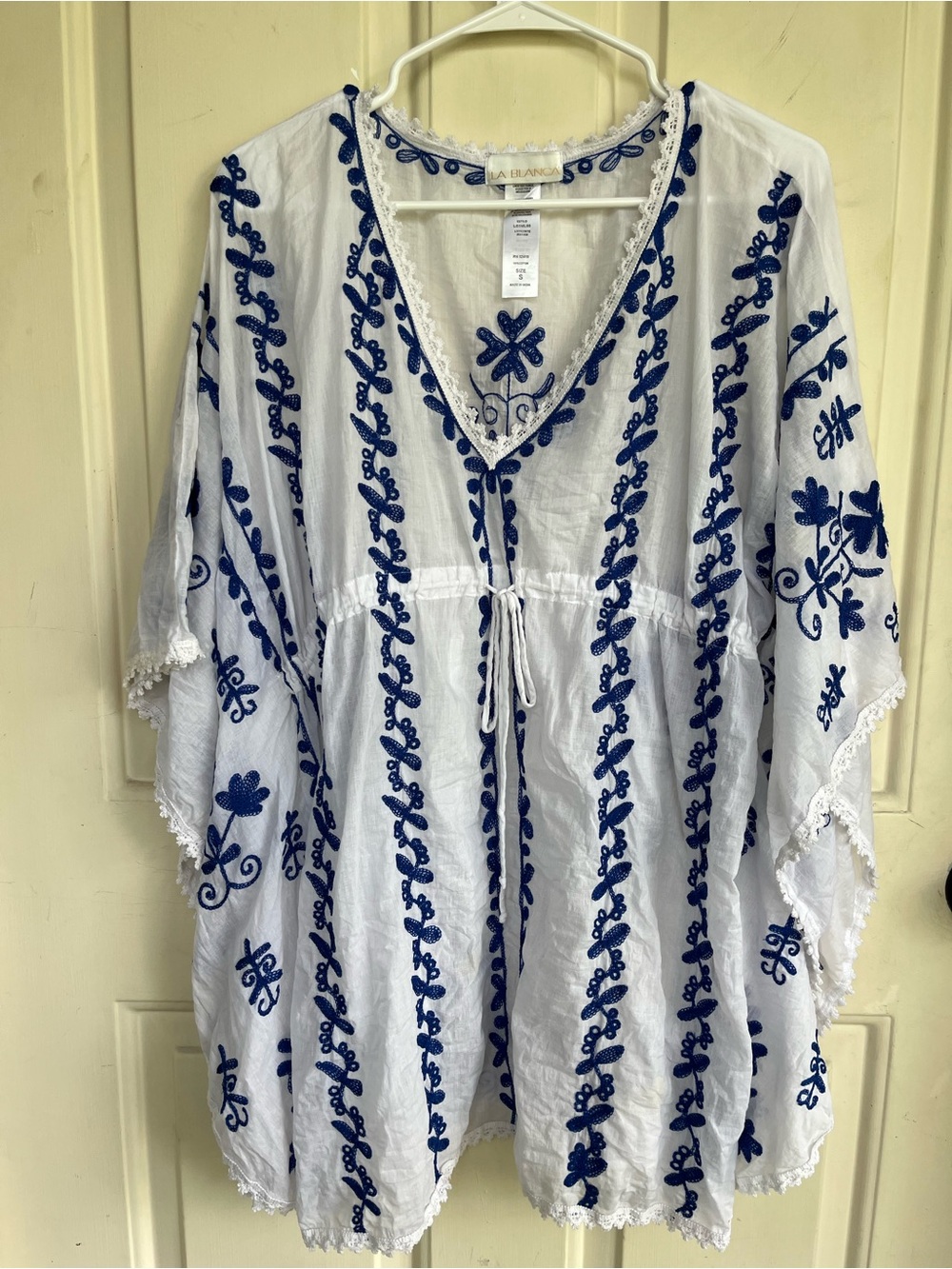 La Blanca 100% Cotton White V-Neck Tunic Swim Cover-Up Blue Embroidery size S